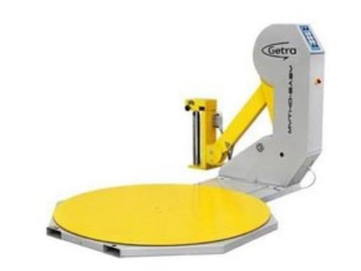 Machine d'emballage paletteuse avec plateau rotatif jaune et bras articule